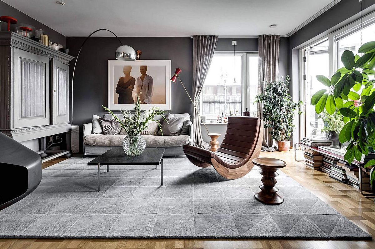 Gorgeous gray living space of the light-filled Stockholm apartment