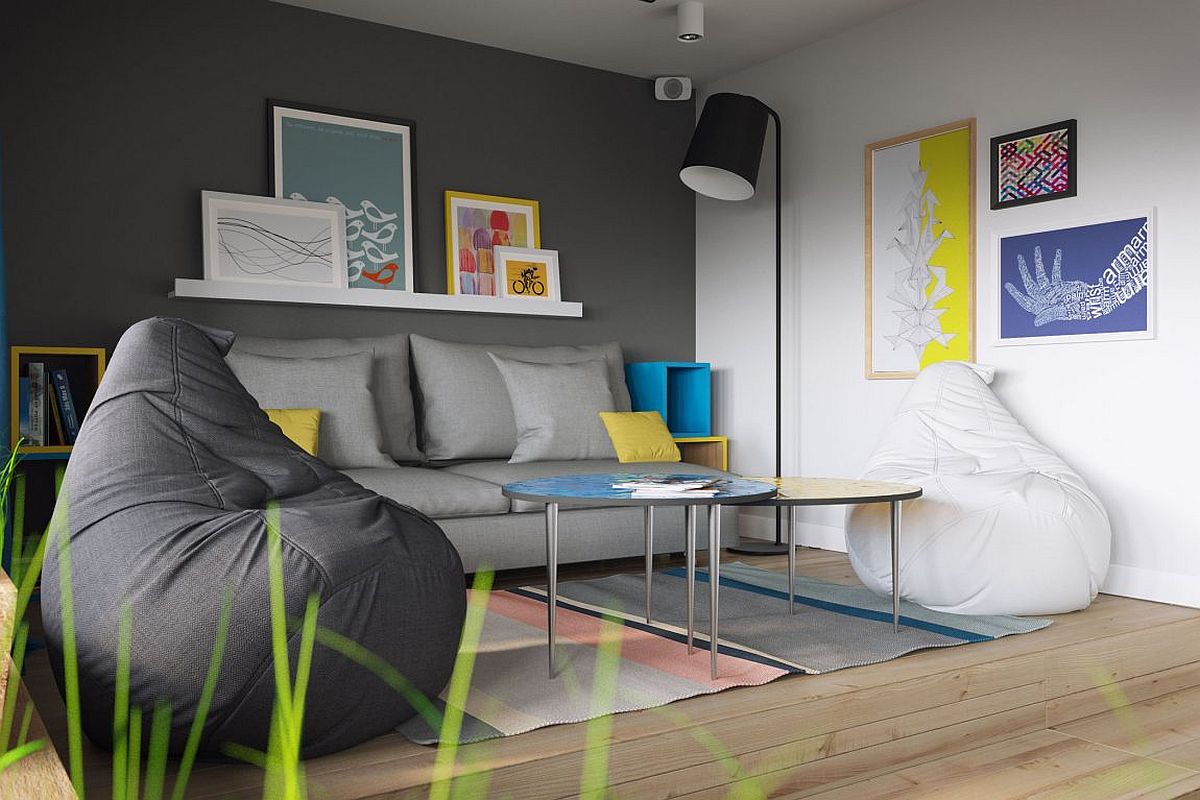 Gray living room of uber-small 34-square-meter apartment