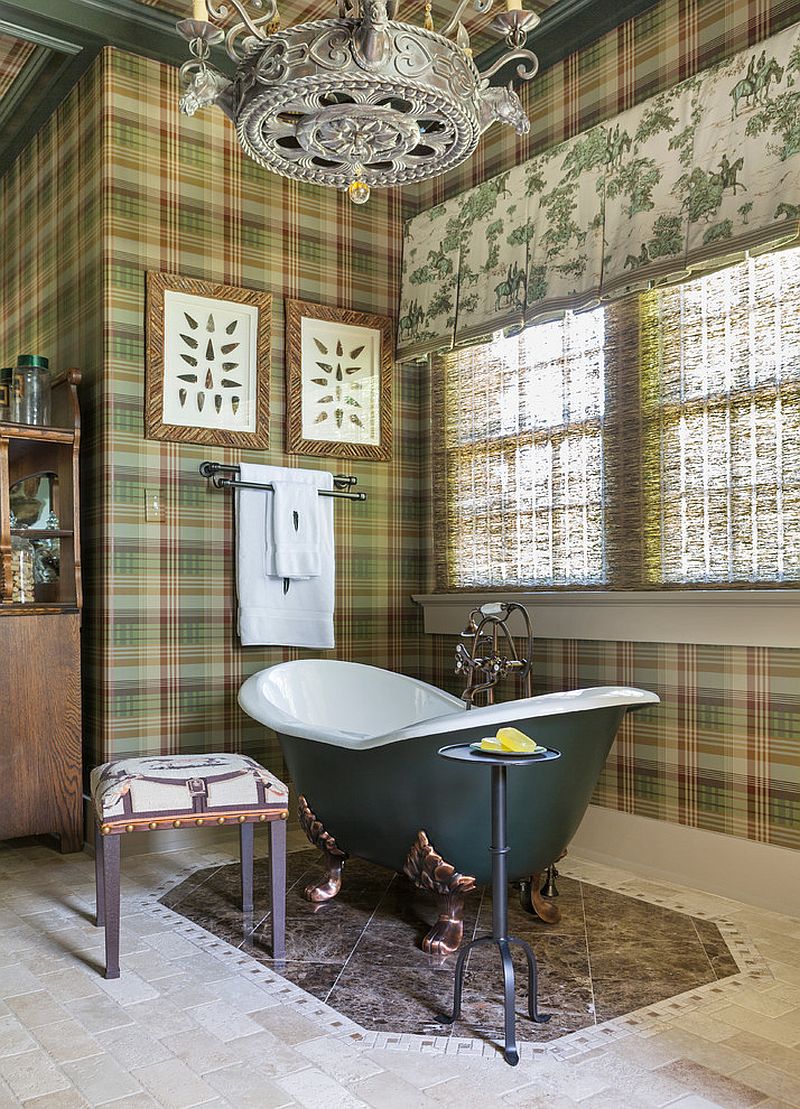 Green plaid wallpaper steals the spotlight inside this lovely traditional bathroom