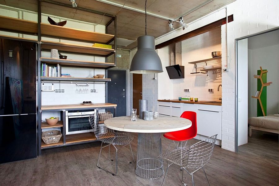 apartment kitchen with circular dining table.