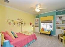 Modern-eclectic-kids-room-in-yellow-and-blue-with-a-smart-wall-mural-217x155
