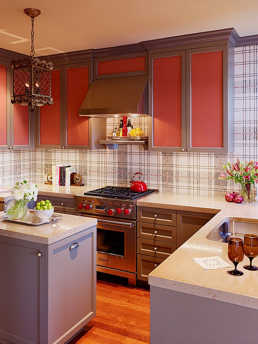 Modern-eclectic-kitchen-with-colorful-shelves-and-plaid-wallpaper
