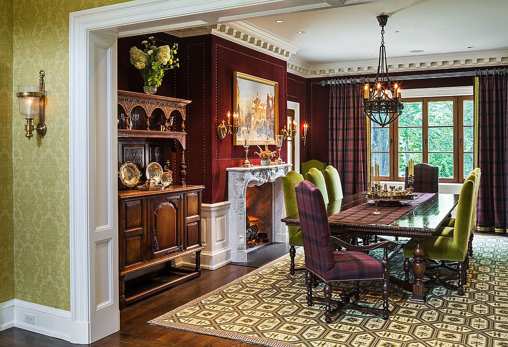 Plaid-chairs-tablerunner-and-drapes-in-the-dining-room