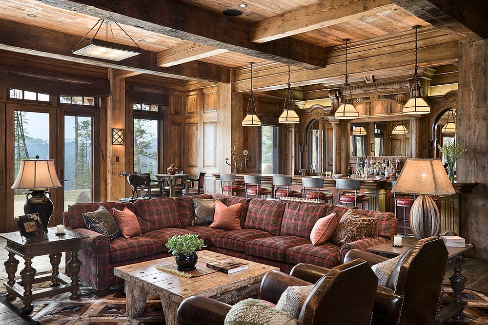 Plaid-sectional-for-the-rustic-family-room-with-plenty-of-space