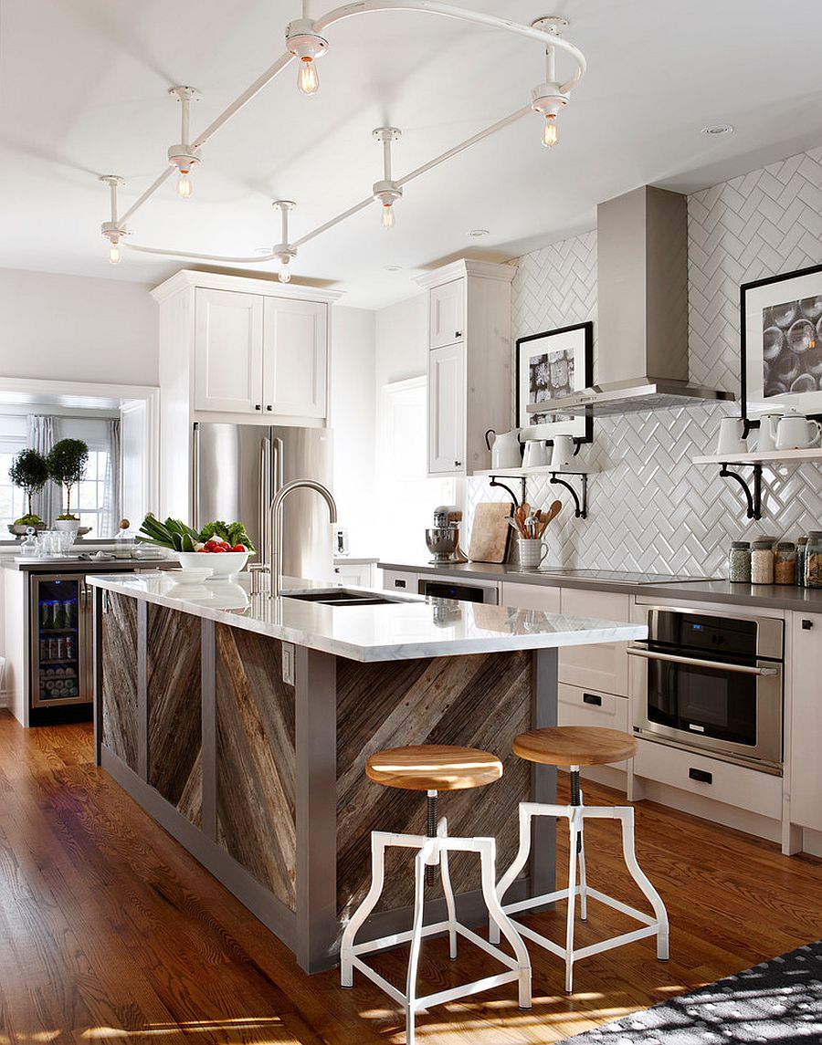 Reclaimed wood in chevron pattern adds uniqueness to this kitchen in white