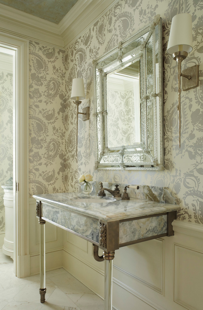 Traditional powder room with gorgeous Paisley wallpaper