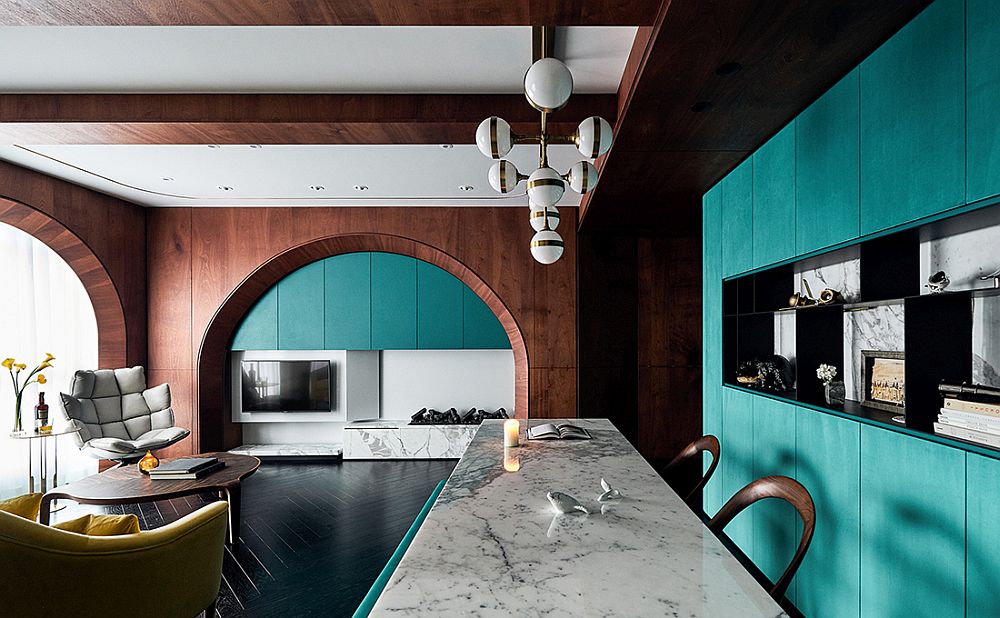 Turquoise, wood and marble clad interior of the apartment