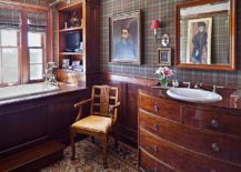 Vintage-farmhouse-style-bathroom-with-chic-plaid-wallpaper-and-wooden-vanity-217x155