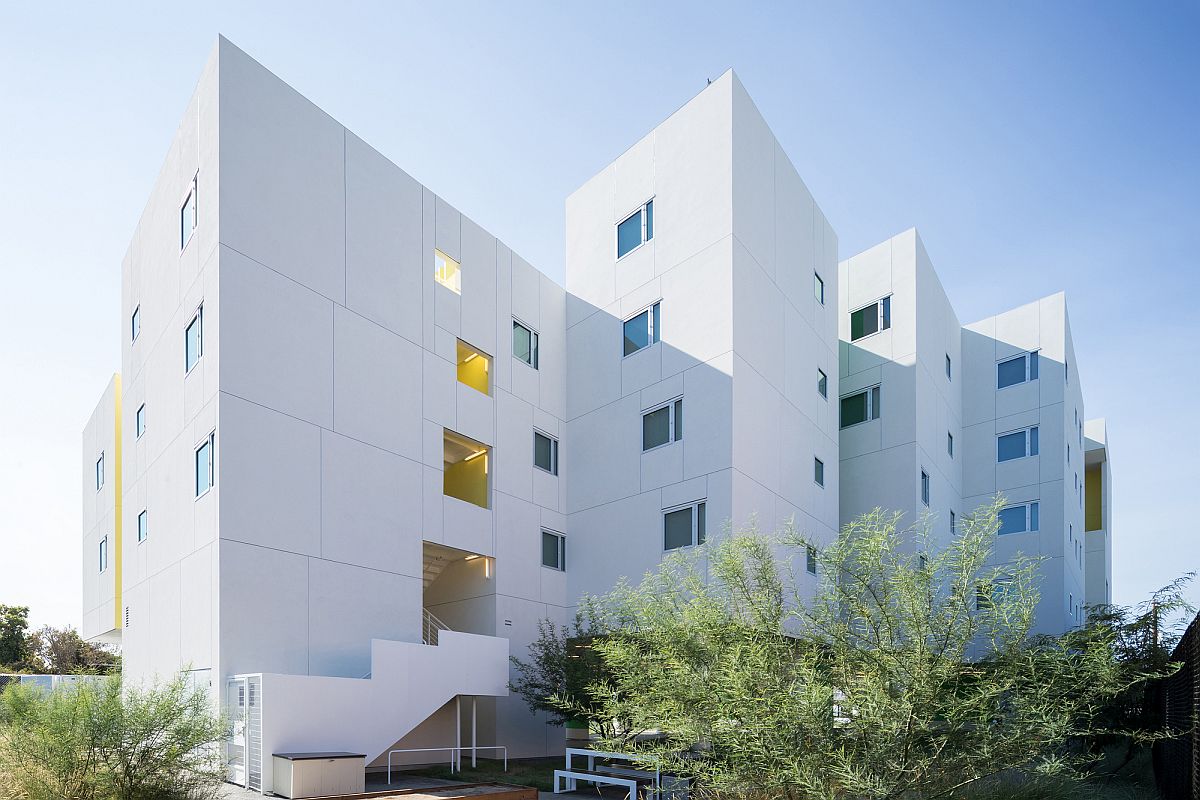 White and minimal exterior of the Crest Apartments