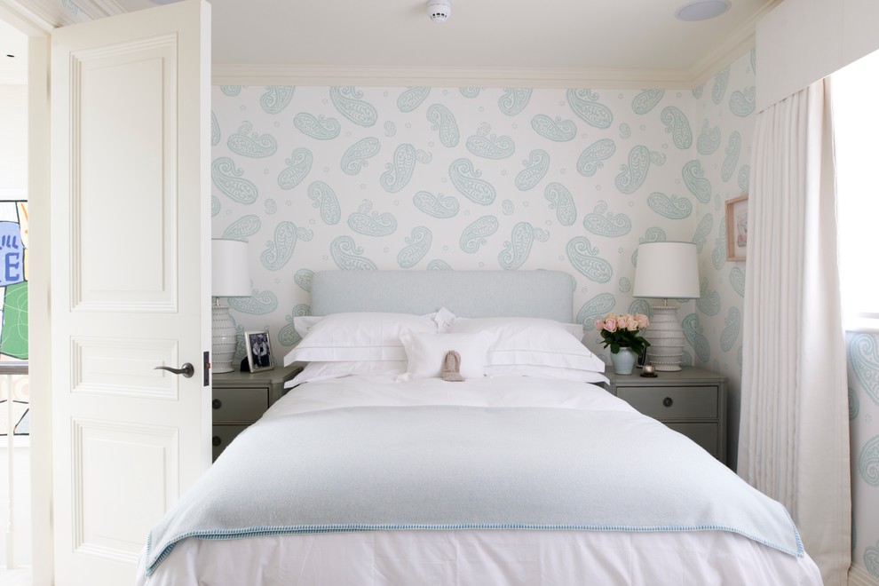 White bedroom with lovely use of paisley pattern in the room