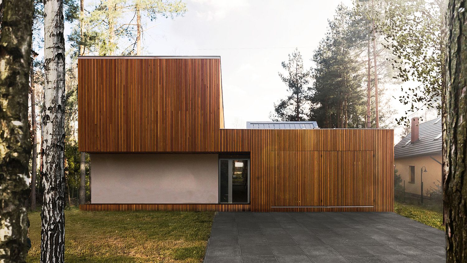 Wooden cladding for the forest house surrounded by pine forest
