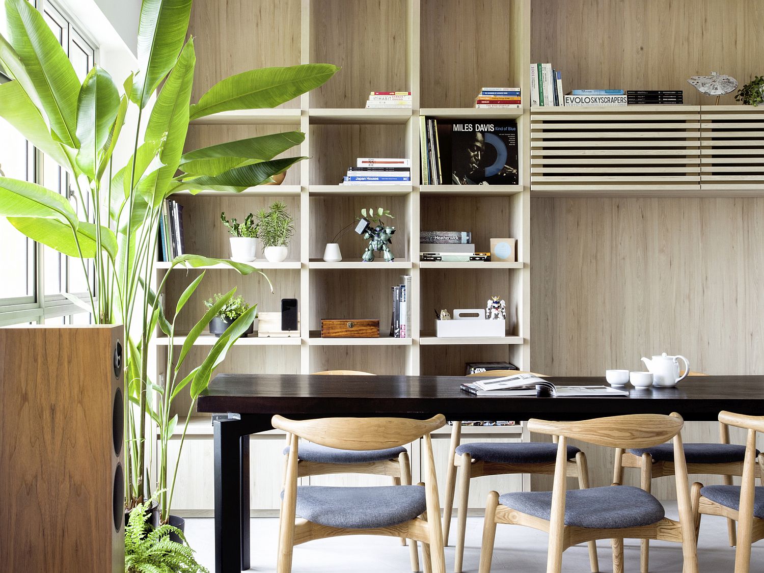 Wooden partitions and shelving inside the apartment