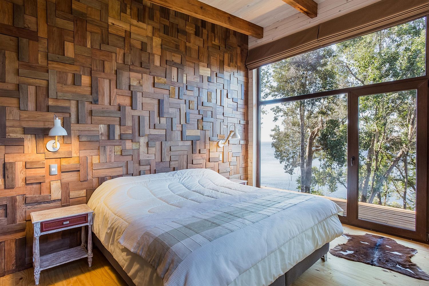 Exquisite wooden accent wall for the bedroom with 3D pattern