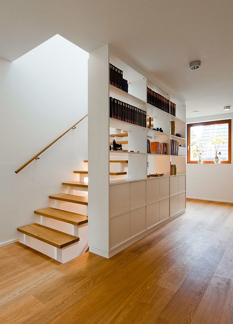 Finding space next to the stairway for a smart modern shelf and cabinet