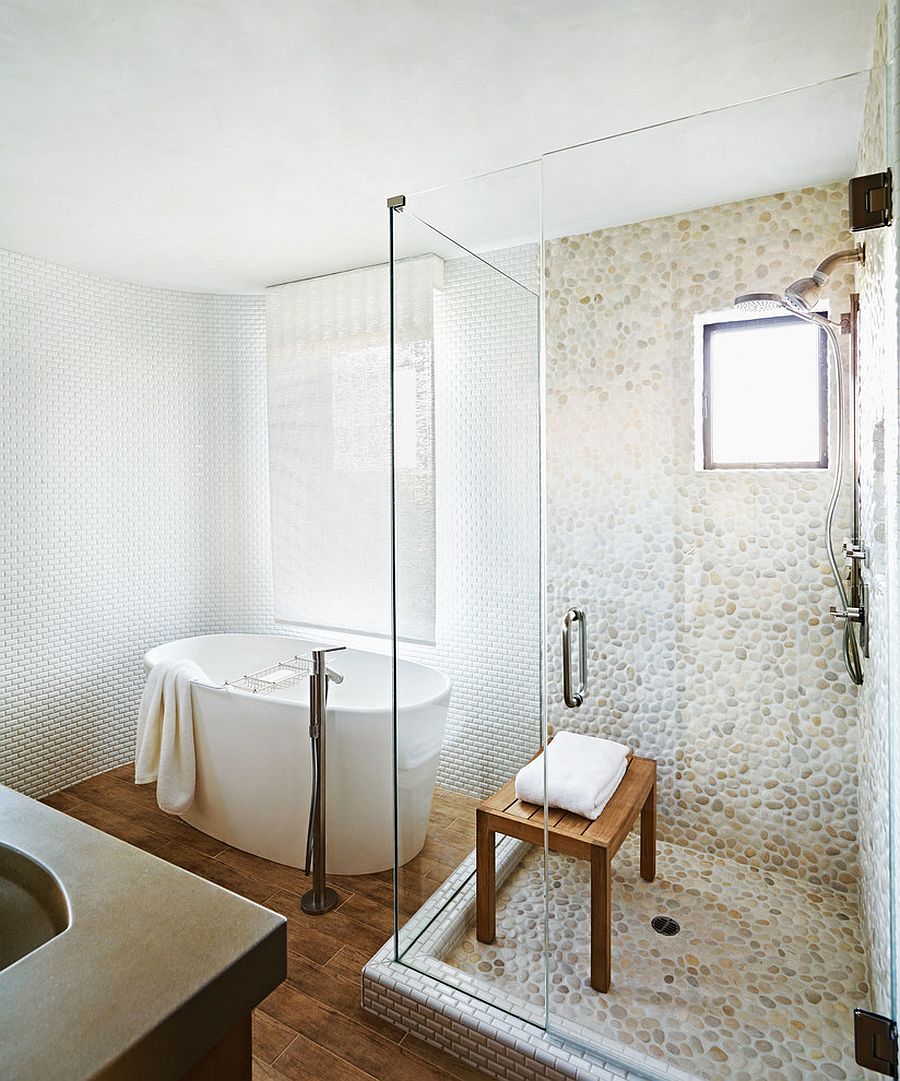 Pebble tiles are a cool addition to the modern bathroom