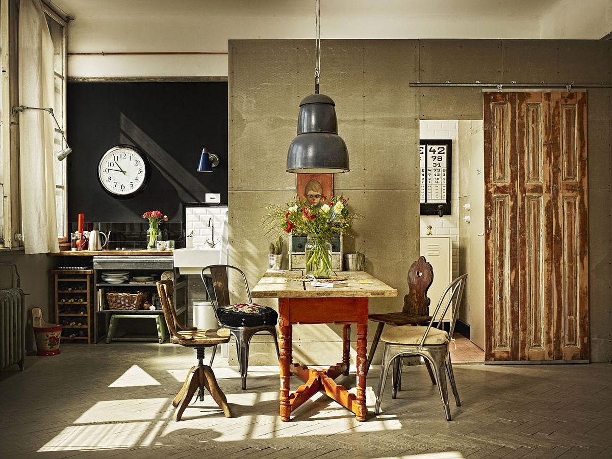 Small kitchenette and dining area inside the vintage industrial Budapest loft