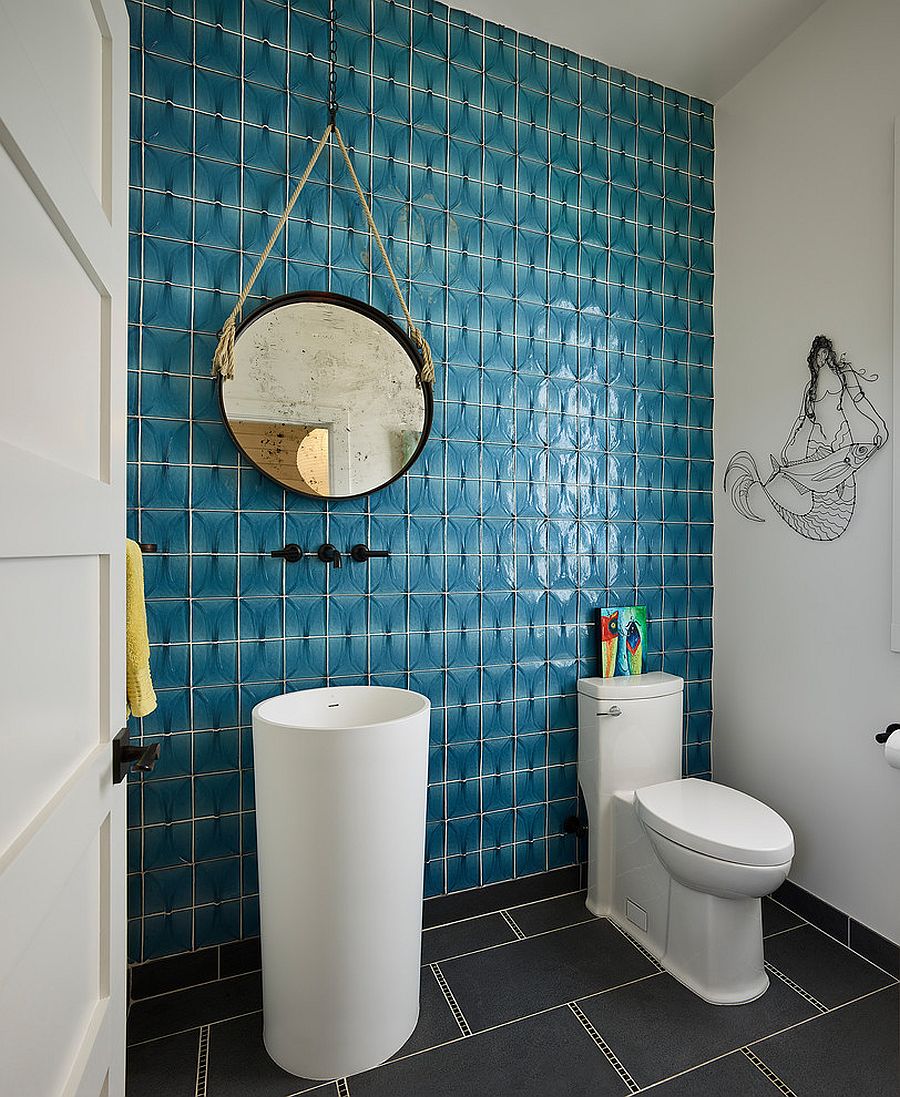 Accent turquoise wall for the powder room in white and black