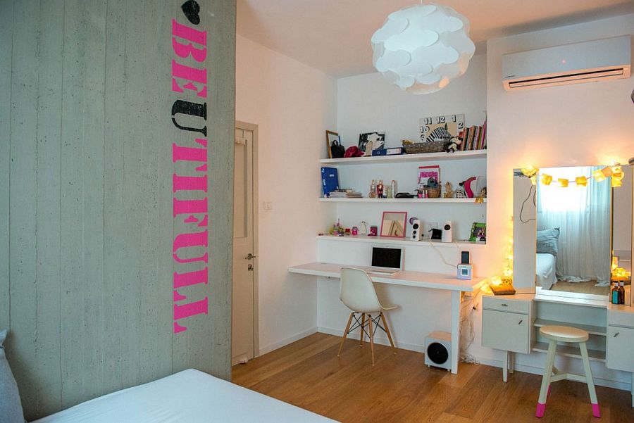 Bedroom corner turned into a tidy workstation using slim floating shelves