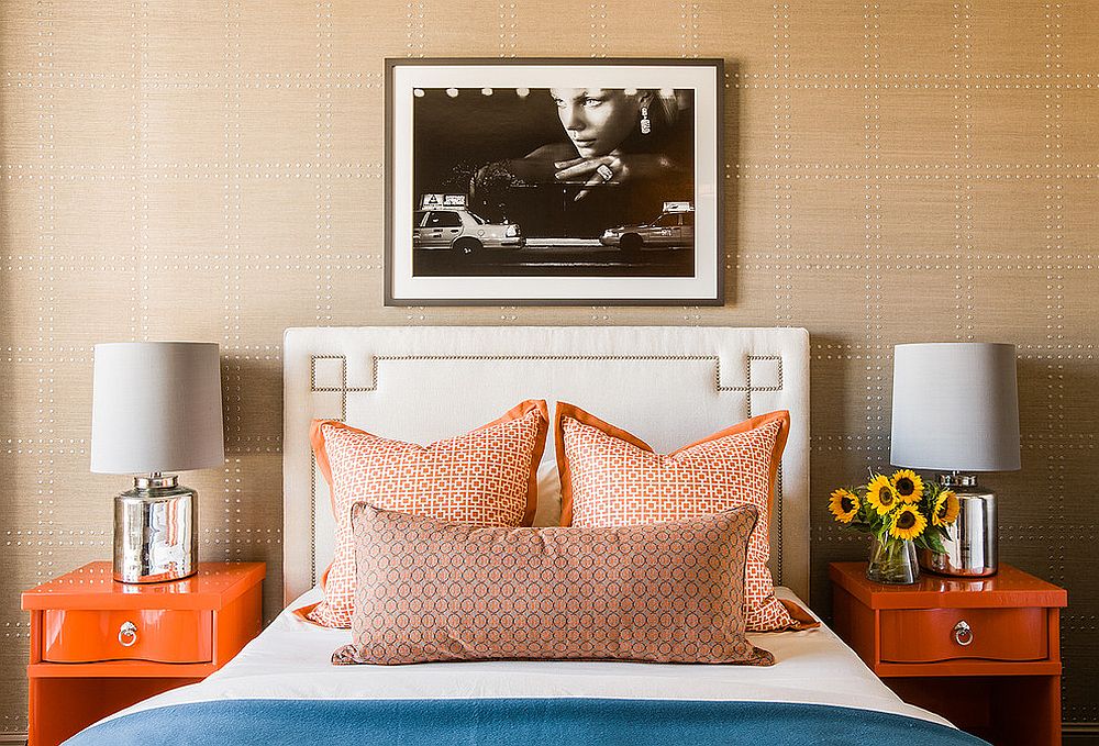 Contemporary-bedroom-with-a-dashing-accent-wall-with-orange-nightstands