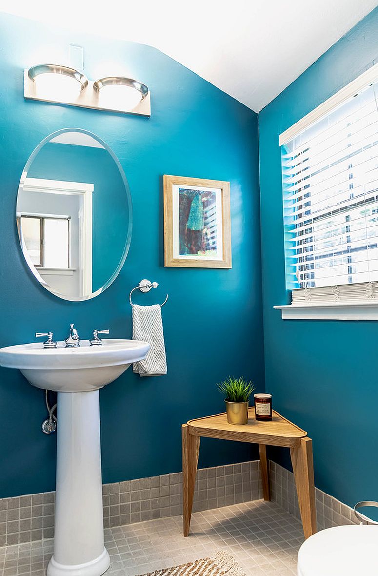 Contemporary-powder-room-in-bright-turquoise-with-white-ceiling