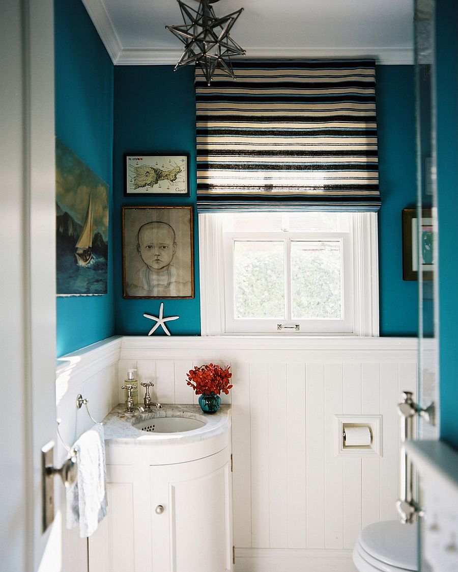 Eclectic powder room in white and dark turquoise