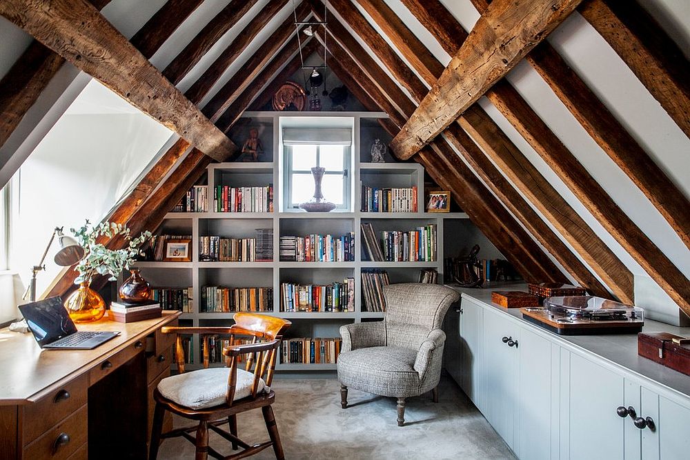 Farmhouse home office with ceiling wooden beams and spacious shelving