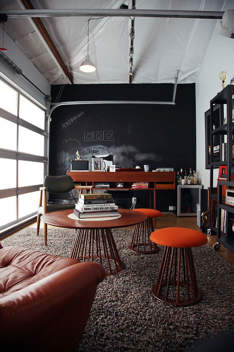 Garage-home-office-with-chalkboard-wall-has-both-industrial-and-midcentury-touches