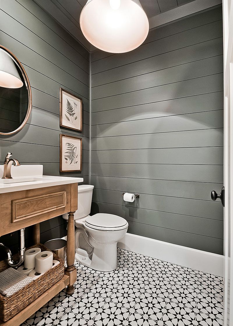 Gray farmhouse style powder room with a wooden vanity
