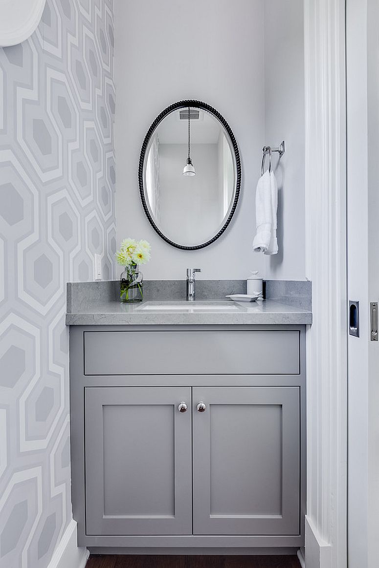 Hexagonal-wallpaper-for-the-powder-room-in-gray