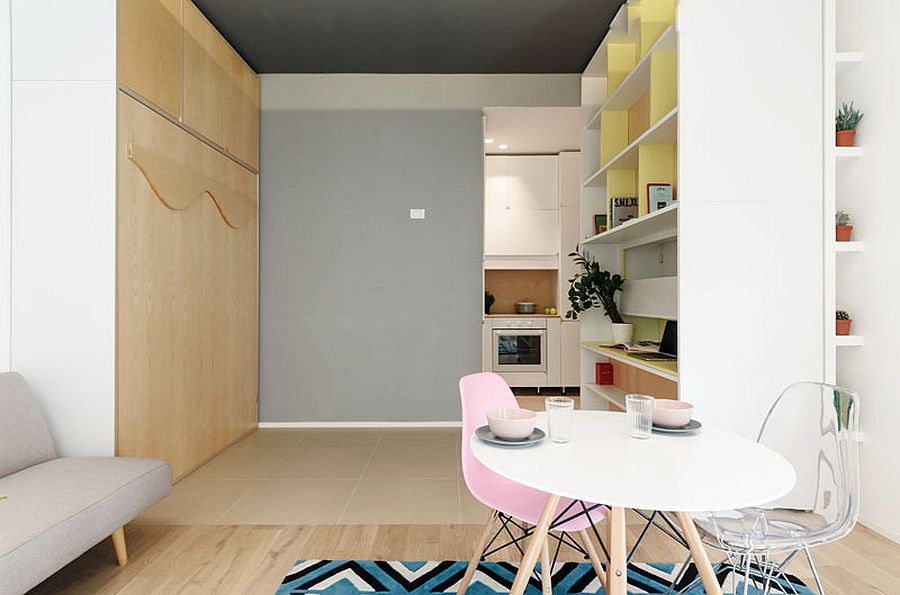 Moving wall with shelves inside the ultra-tiny apartment