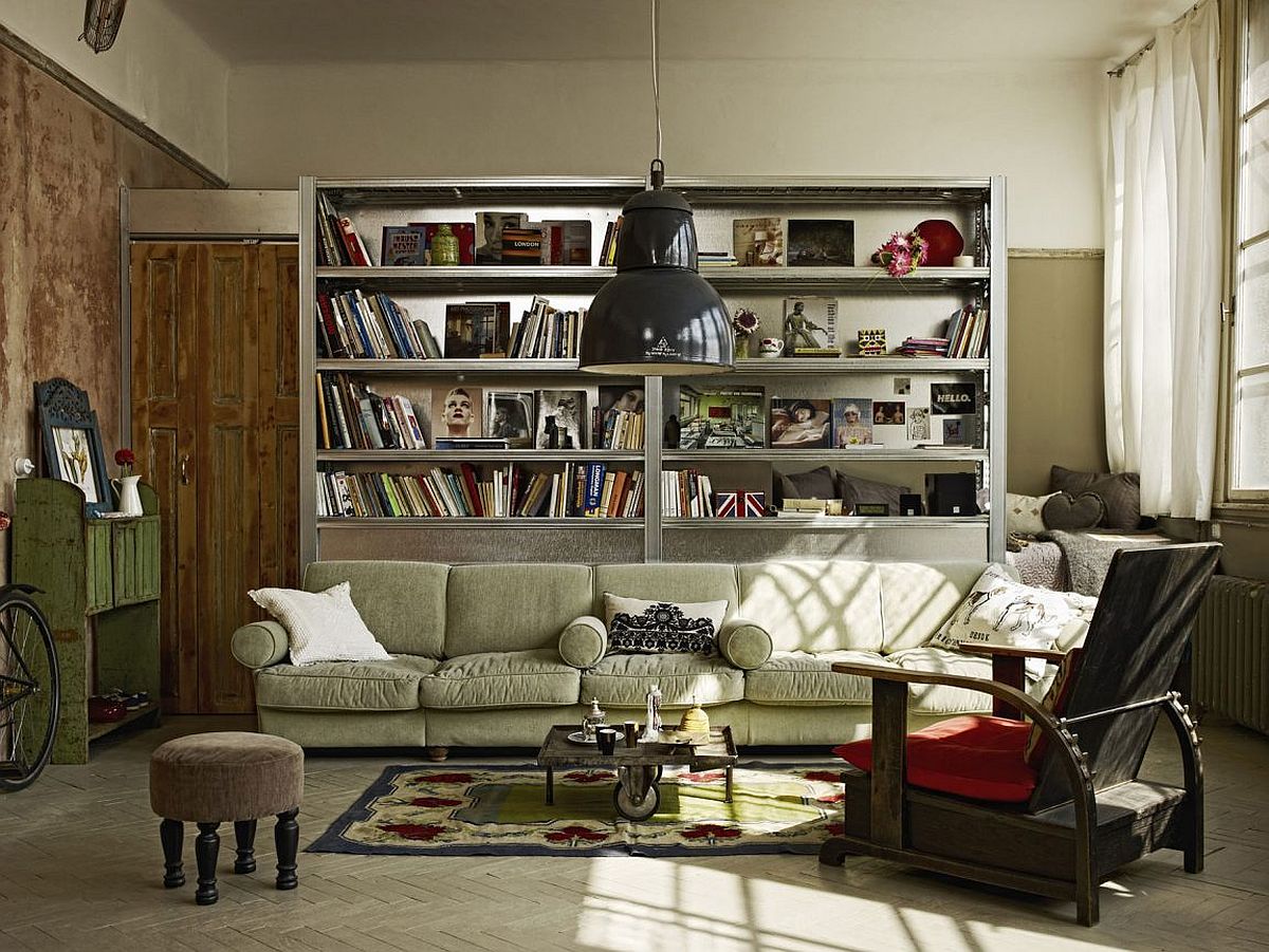 Shelving inside vintage tiny industrial loft