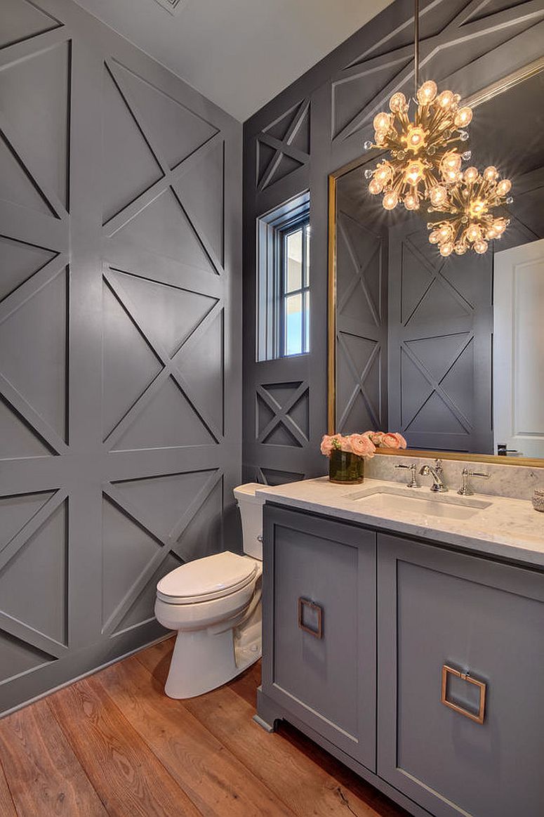 Sparkling pendant lighting for the attractive powder room in gray