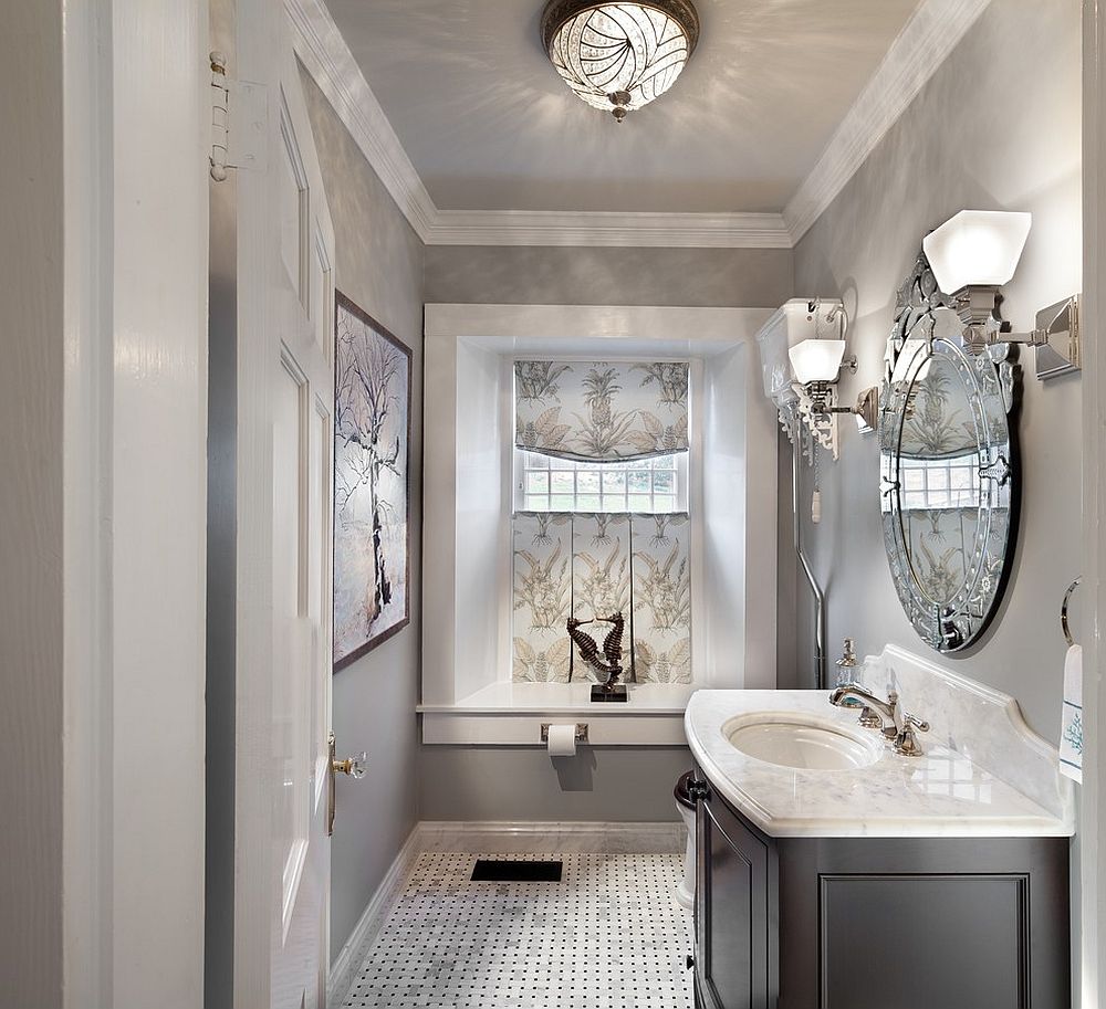 Traditional-powder-room-in-gray-with-vanity-in-darker-shade-of-gray