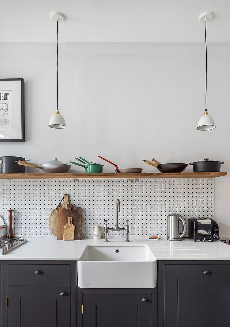 Transitional kitchen in white and gray with pegboard backsplash