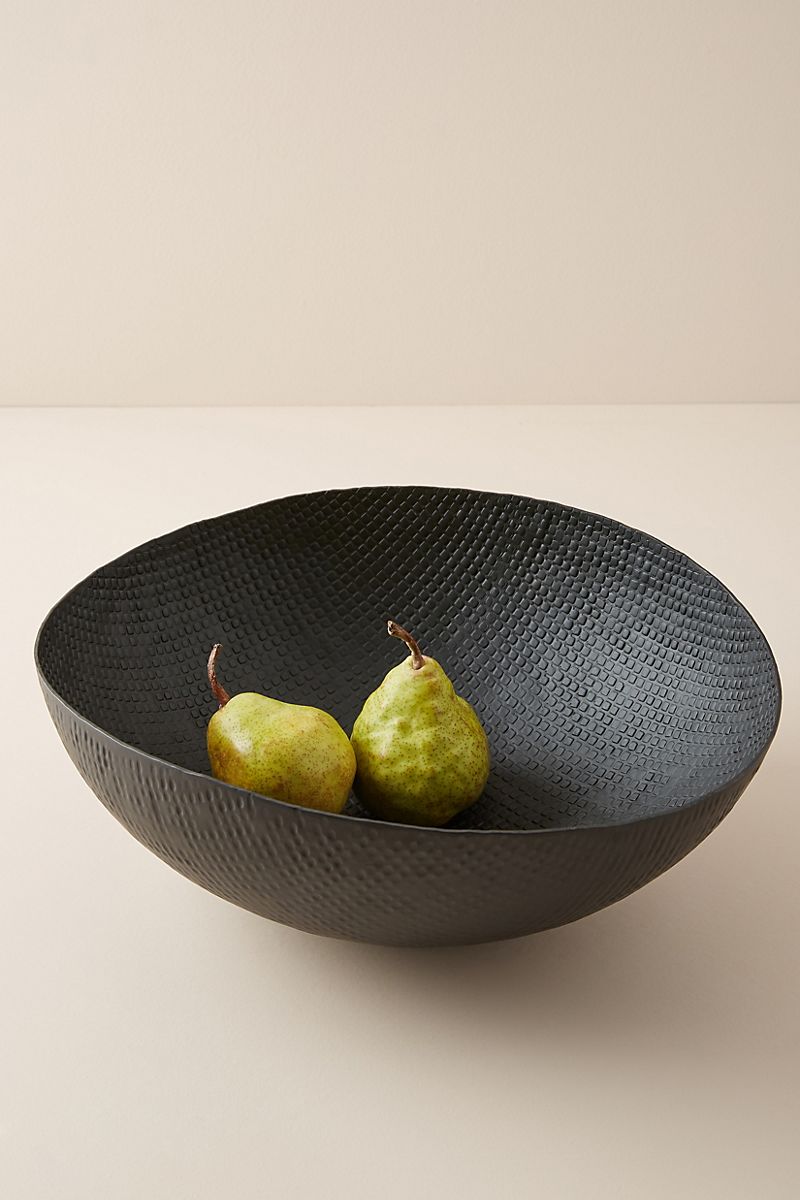 Pears in a black serving bowl from Anthropologie