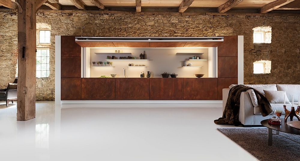 Unique kitchen area clad in corten steel