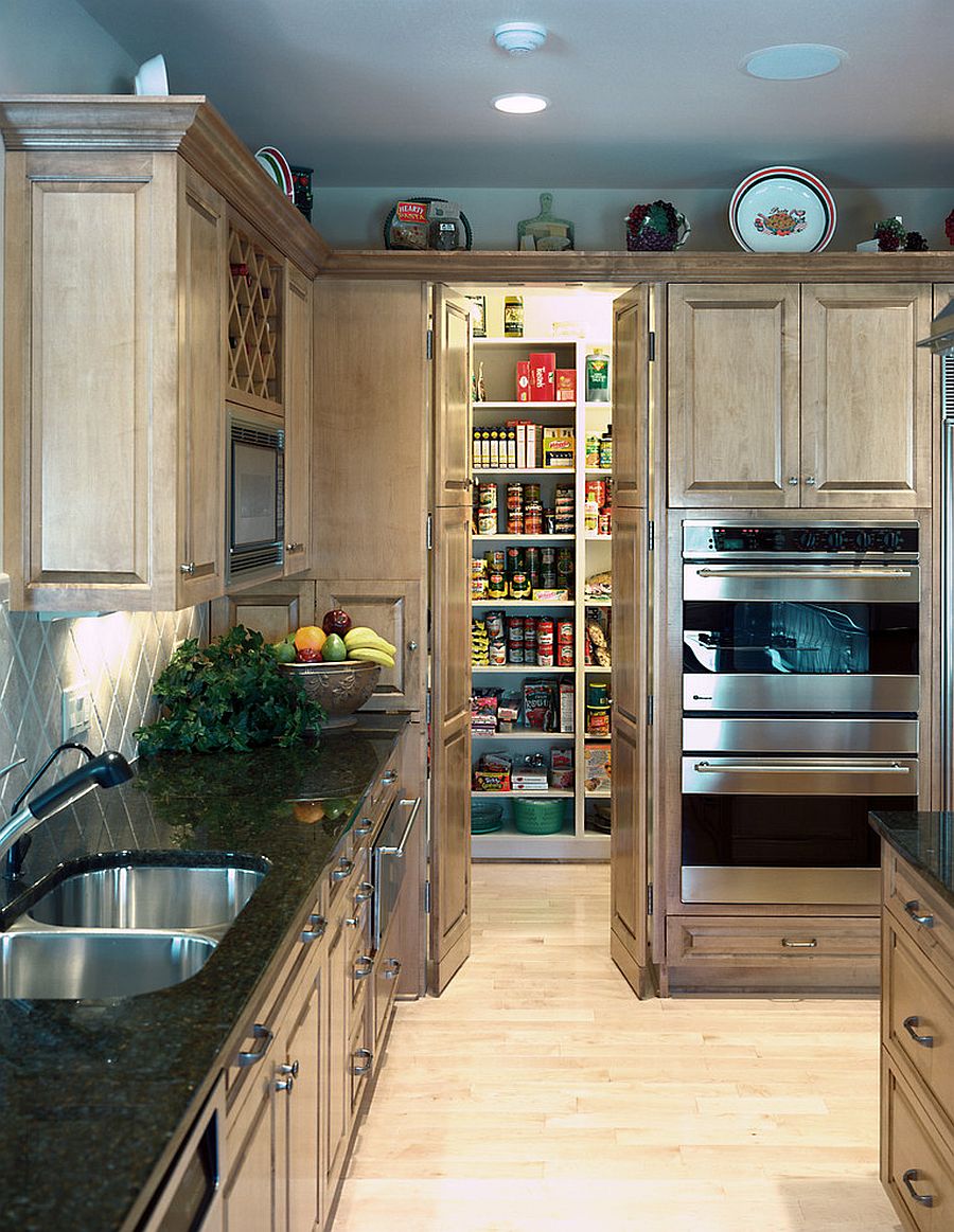 open doors show full pantry hidden behind oven