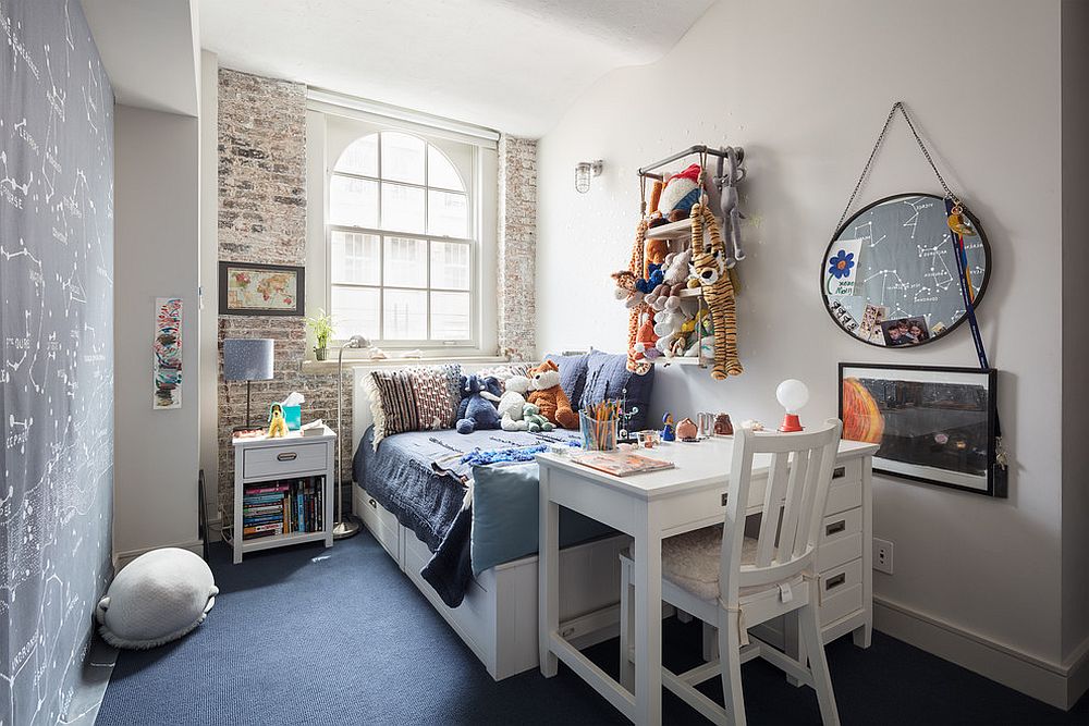 Absolutely gorgeous kids' room with industrial chic style and a space-savvy study