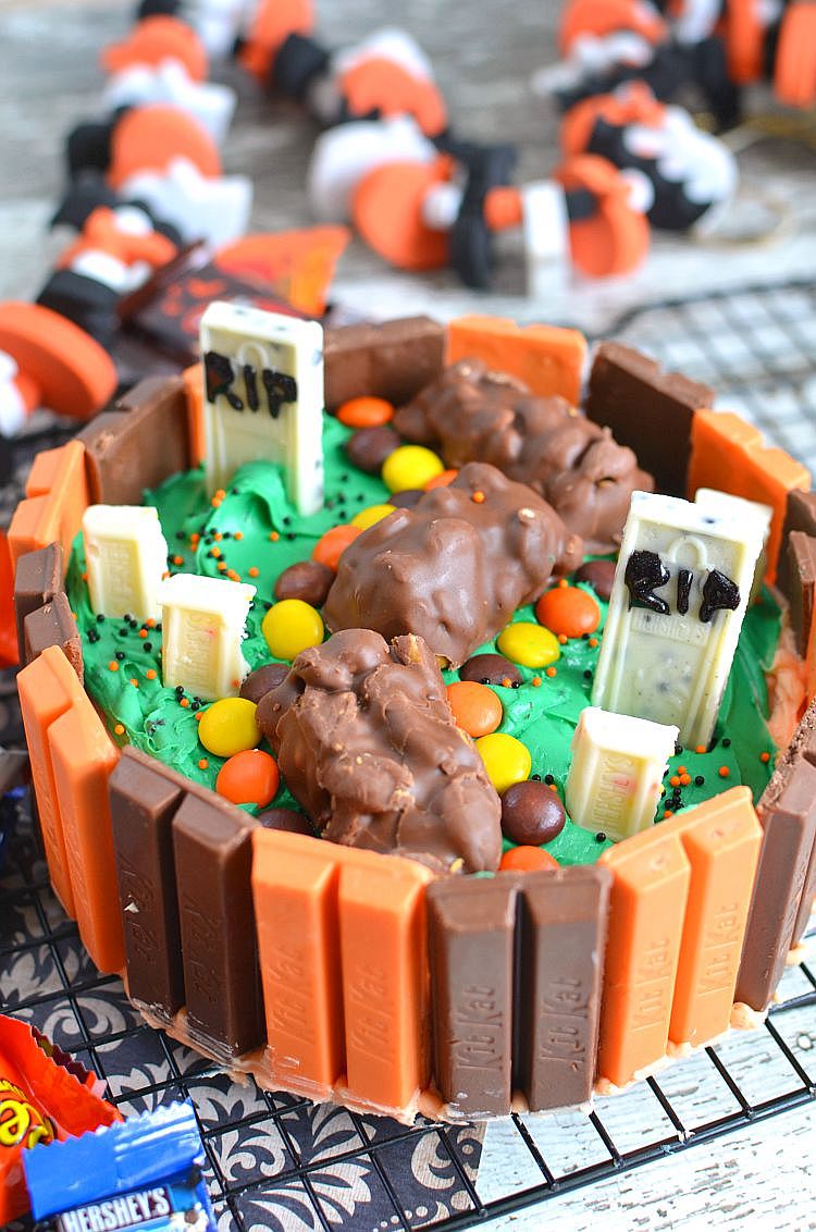 Candy bar graveyard Halloween cake