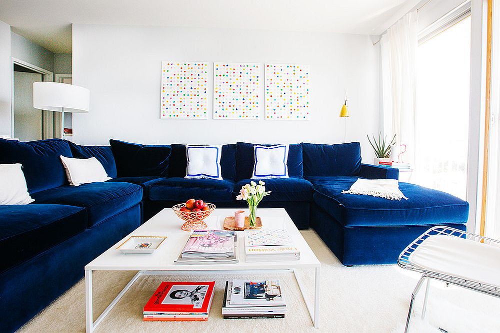 Blue couch deals with white piping