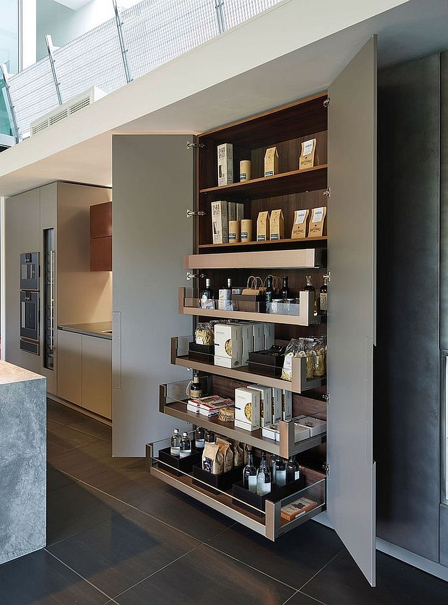 dark gray pantry doors with sliding shelves