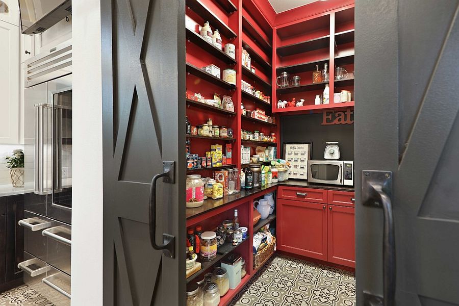 Dark gray and red pantry for the modern kitchen