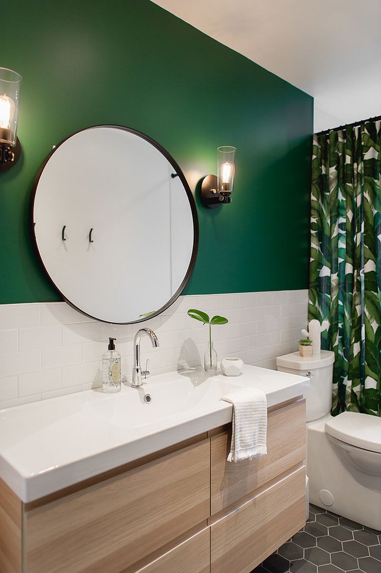 Dark green adds tropical touch to the beach style bathroom along with the shower curtain