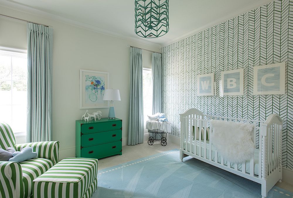 Dresser and comfy sofa adds green to the nursery