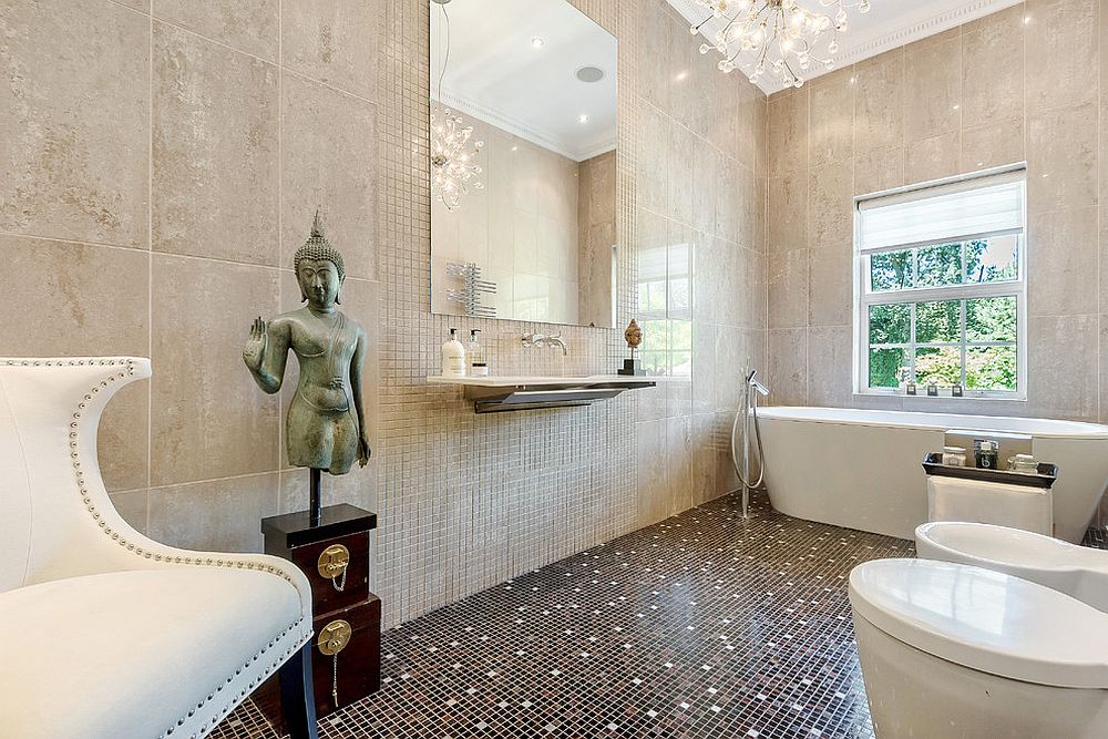 Eclectic bathroom with Asian touches in beige