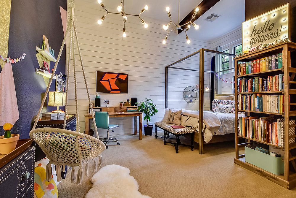 Eclectic teen bedroom with plenty of space for books and a smart study area