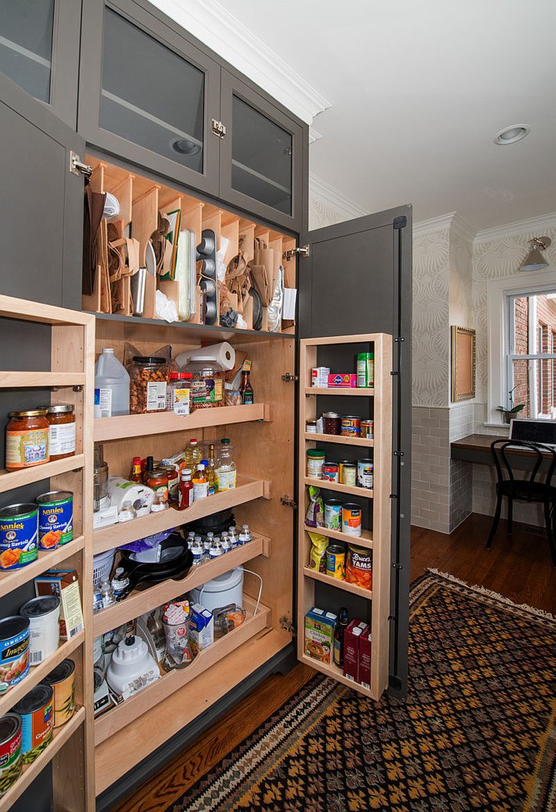 gray pantry doors that also have storage on them