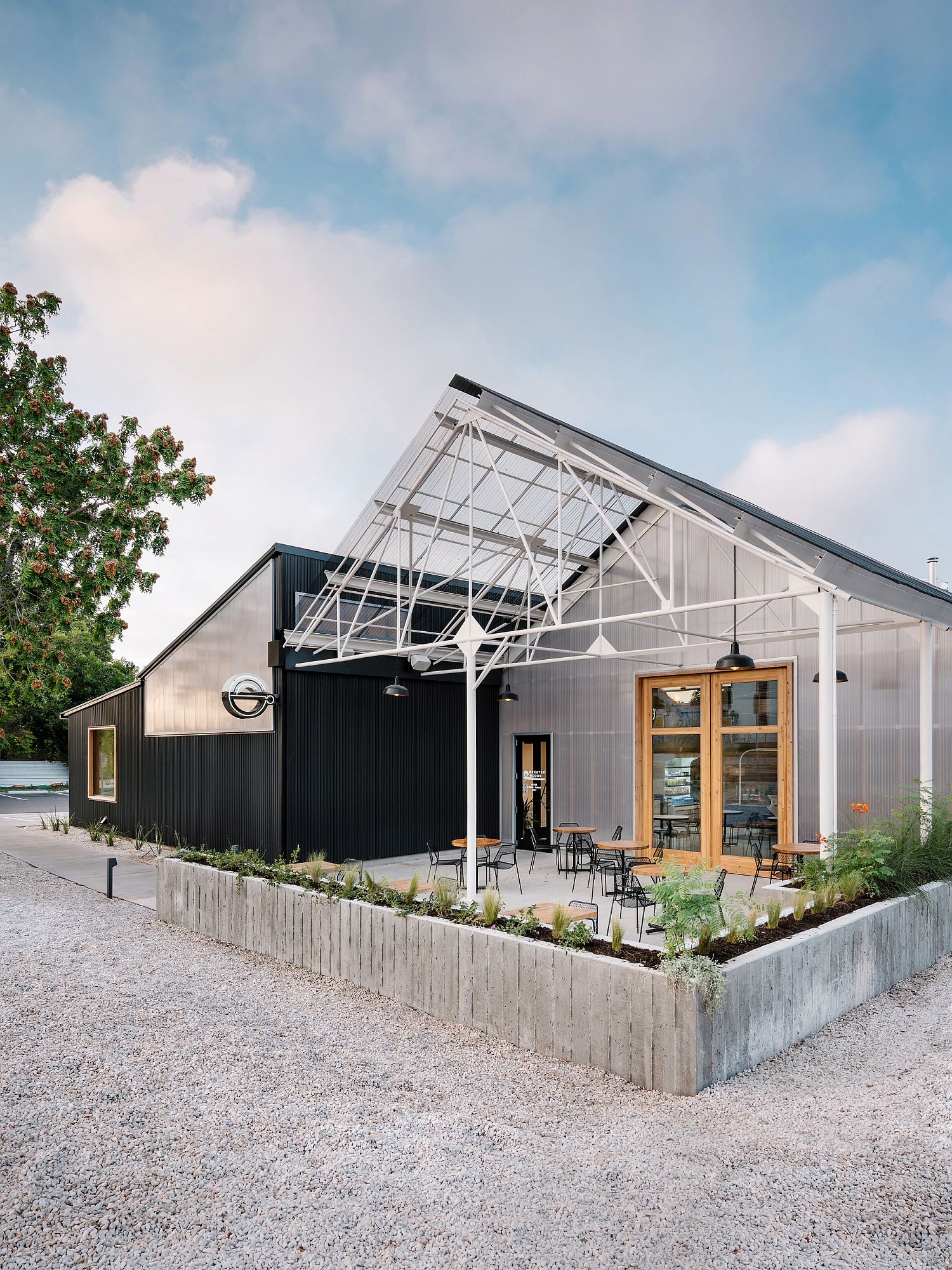 Facade of the cafe and training facility with a modern industrial vibe