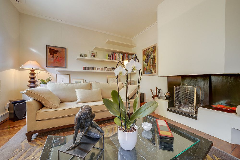 Floating shelves in the corner for the contemporary living room