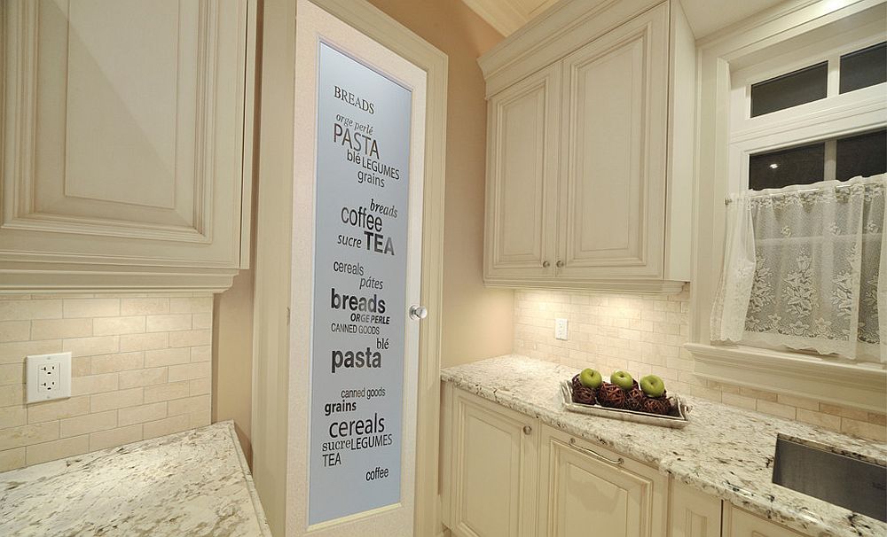 pantry door with one full panel of glass etched with words of pantry supplies